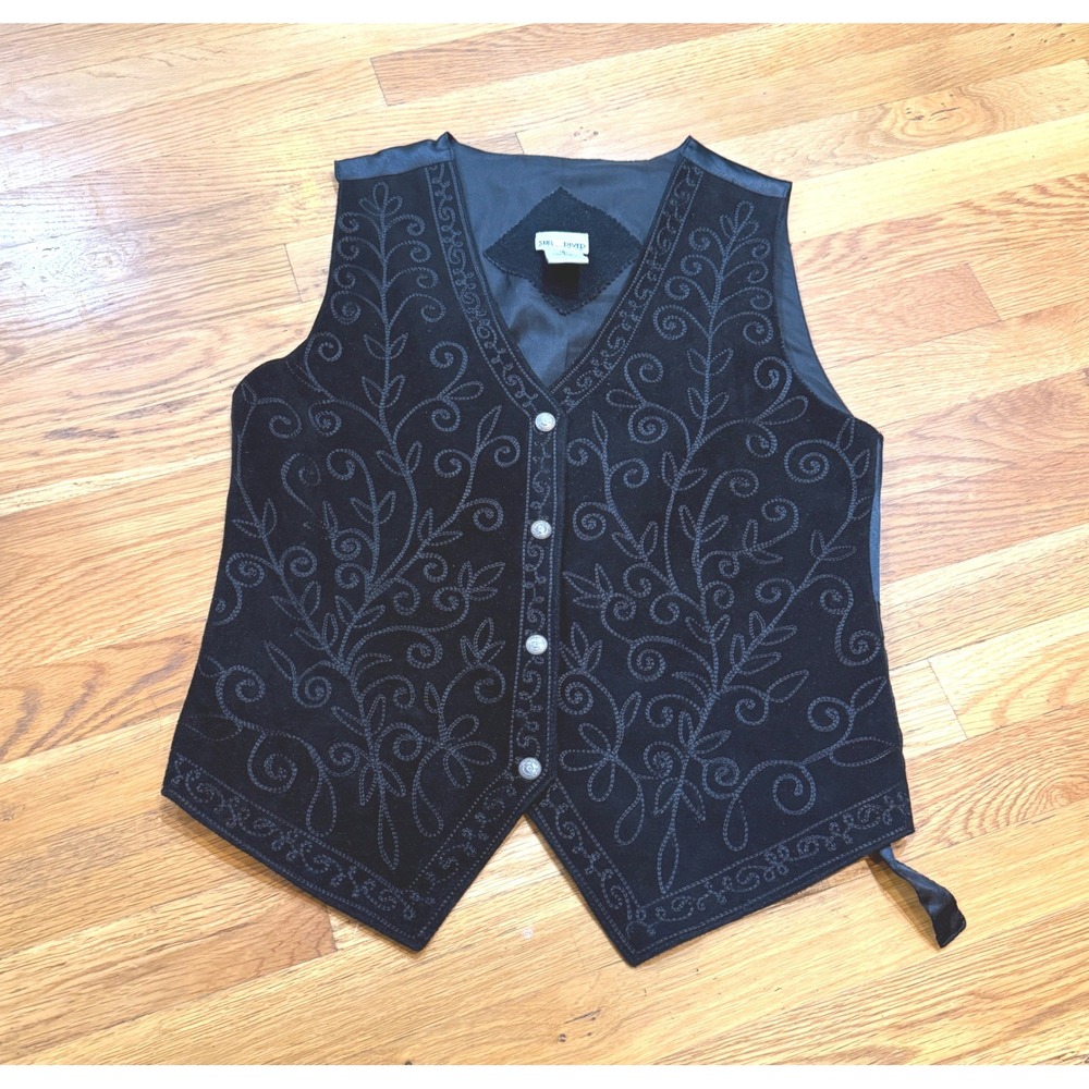 Sun River Clothing Co Black Genuine Leather Embroidered Vest Western Boho Medium